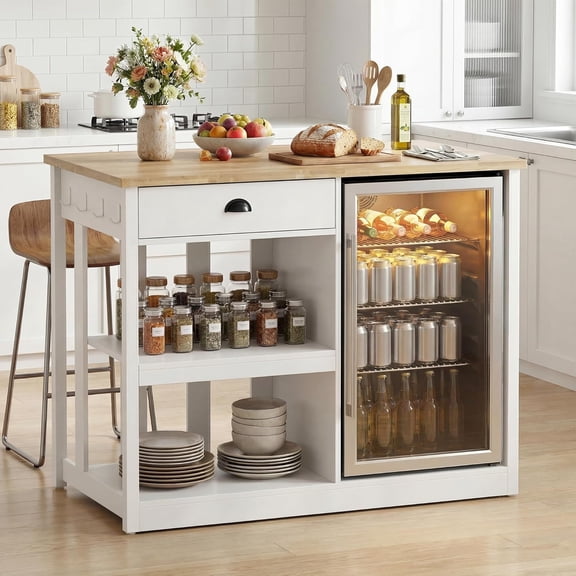 LAZZO 47.2" Farmhouse Kitchen Island with Storage, Fridge Space and Power Outlets for Small Spaces, White