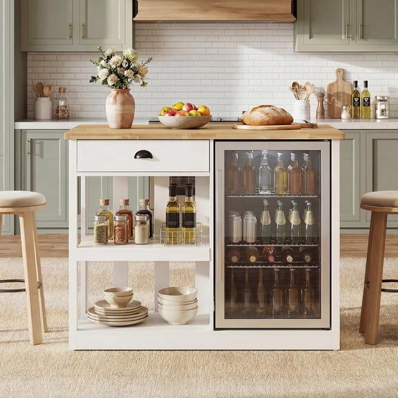 LAZZO 47.2" Kitchen Island with Fridge Space, Rubberwood Top, Power Outlets, Side Hooks and Storage for Small Spaces, White