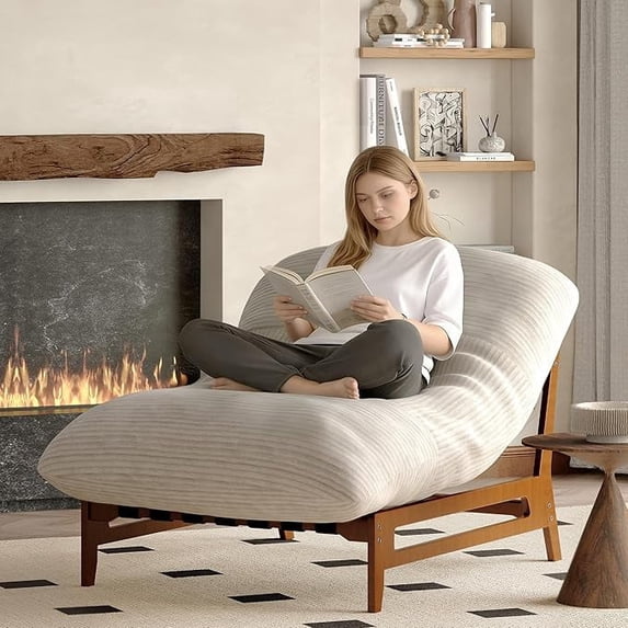 LAZZO Oversized Chaise Lounge Chair Indoor, 3-in-1 Convertible Accent Chair with Solid Wood Frame & Plush Cushion, Beige