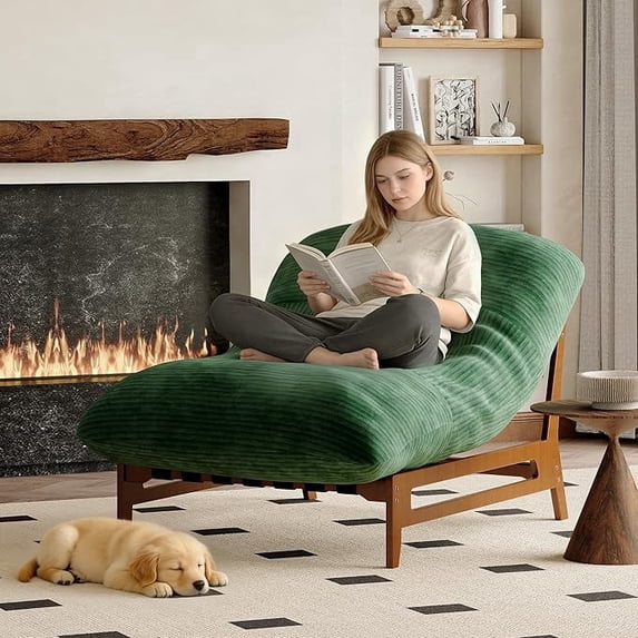 LAZZO Oversized Chaise Lounge Chair Indoor, 3-in-1 Convertible Accent Chair with Solid Wood Frame & Plush Cushion, Green