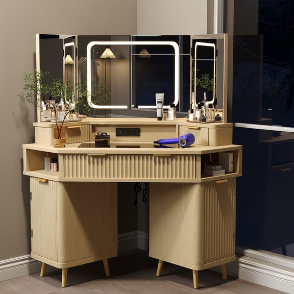LAZZO 47" Corner Vanity with Glass Top, 3-Color LED Lighted Mirror, Jewelry Organizer & Charging Station, Oak