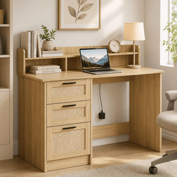 LAZZO 47" Wooden Computer Desk, Boho Home Office Writing Desk with Rattan Drawers, Hutch and Monitor Stand for Bedroom and Living Room