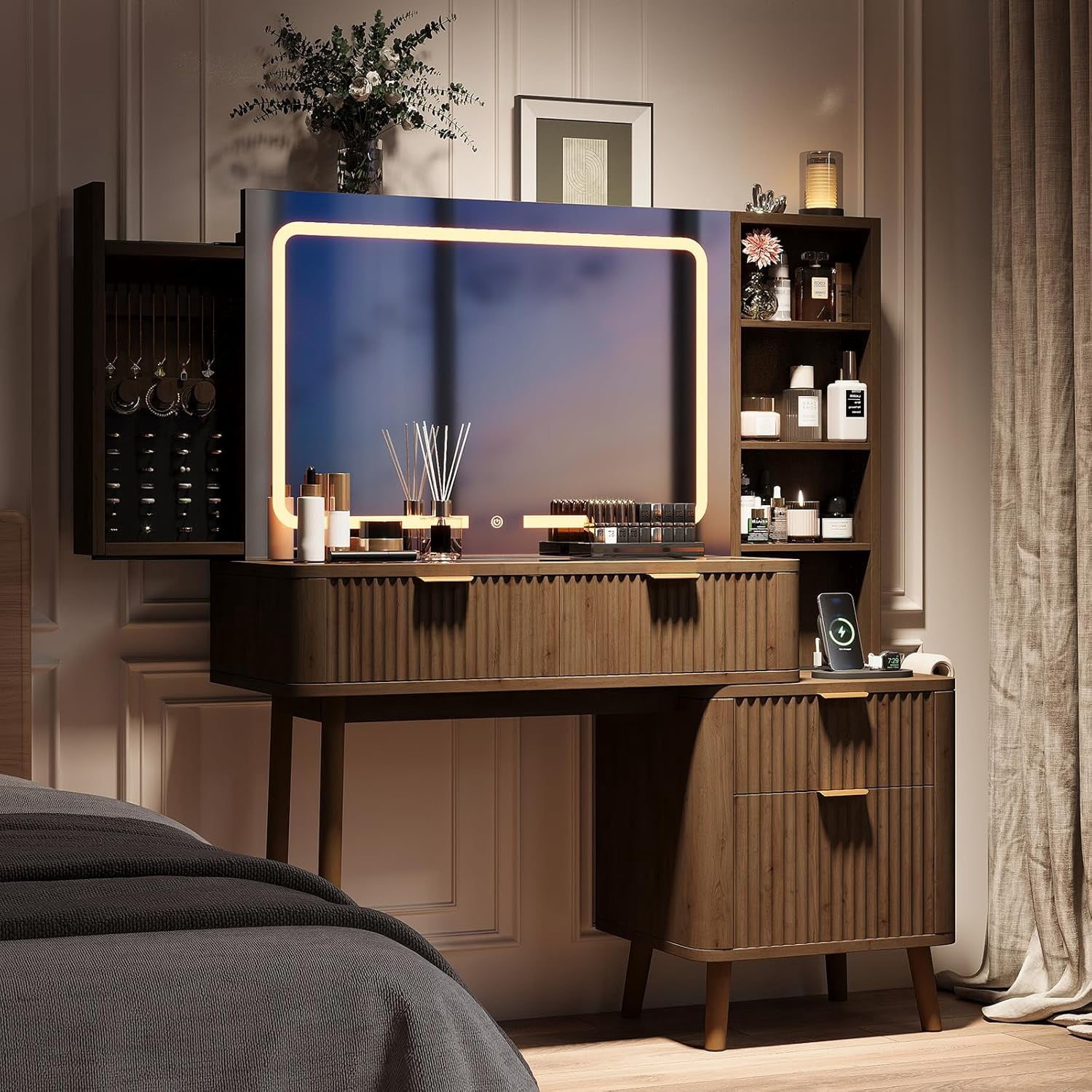 LAZZO 48" Wood Vanity with Glass Top, 3-Color Lights Mirror, Sliding Jewelry Organizer & Charging Station, Brown