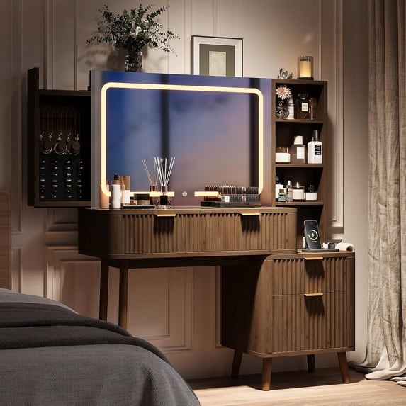 LAZZO 48" Wood Vanity with Glass Top, 3-Color Lights Mirror, Sliding Jewelry Organizer & Charging Station, Brown