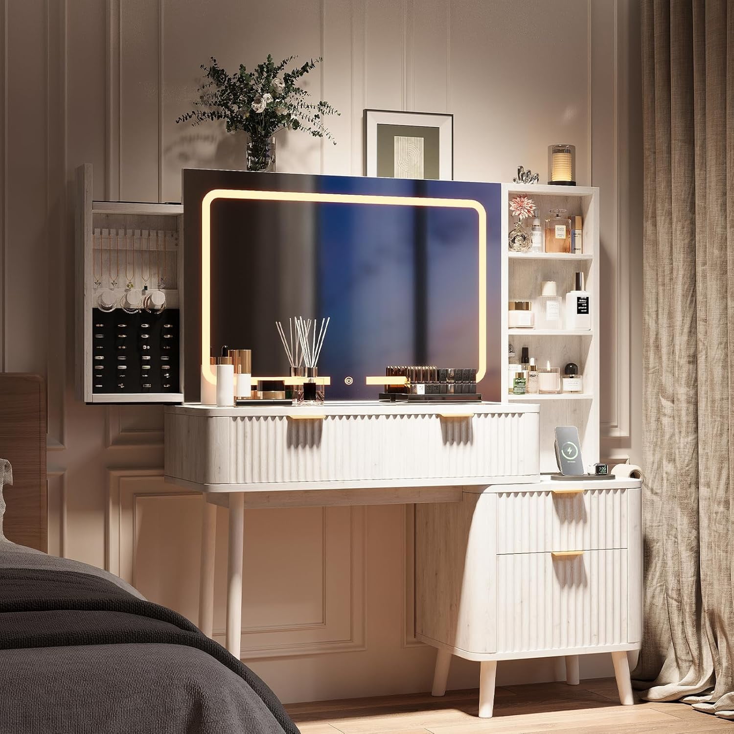 LAZZO 48" Wood Vanity with Glass Top, 3-Color Lights Mirror, Sliding Jewelry Organizer & Charging Station, White