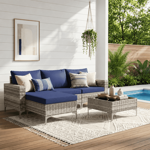 LAZZO 5-Piece Outdoor Conversation Set, Wicker Patio Furniture Set with Cushions and Coffee Table, Blue