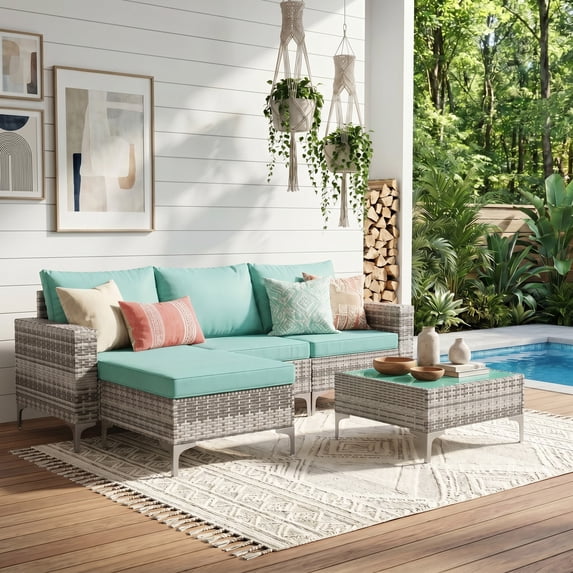 LAZZO 5-Piece Patio Conversation Set, Boho Outdoor Wicker Furniture with Green Cushions & Glass Coffee Table for Backyard, Porch