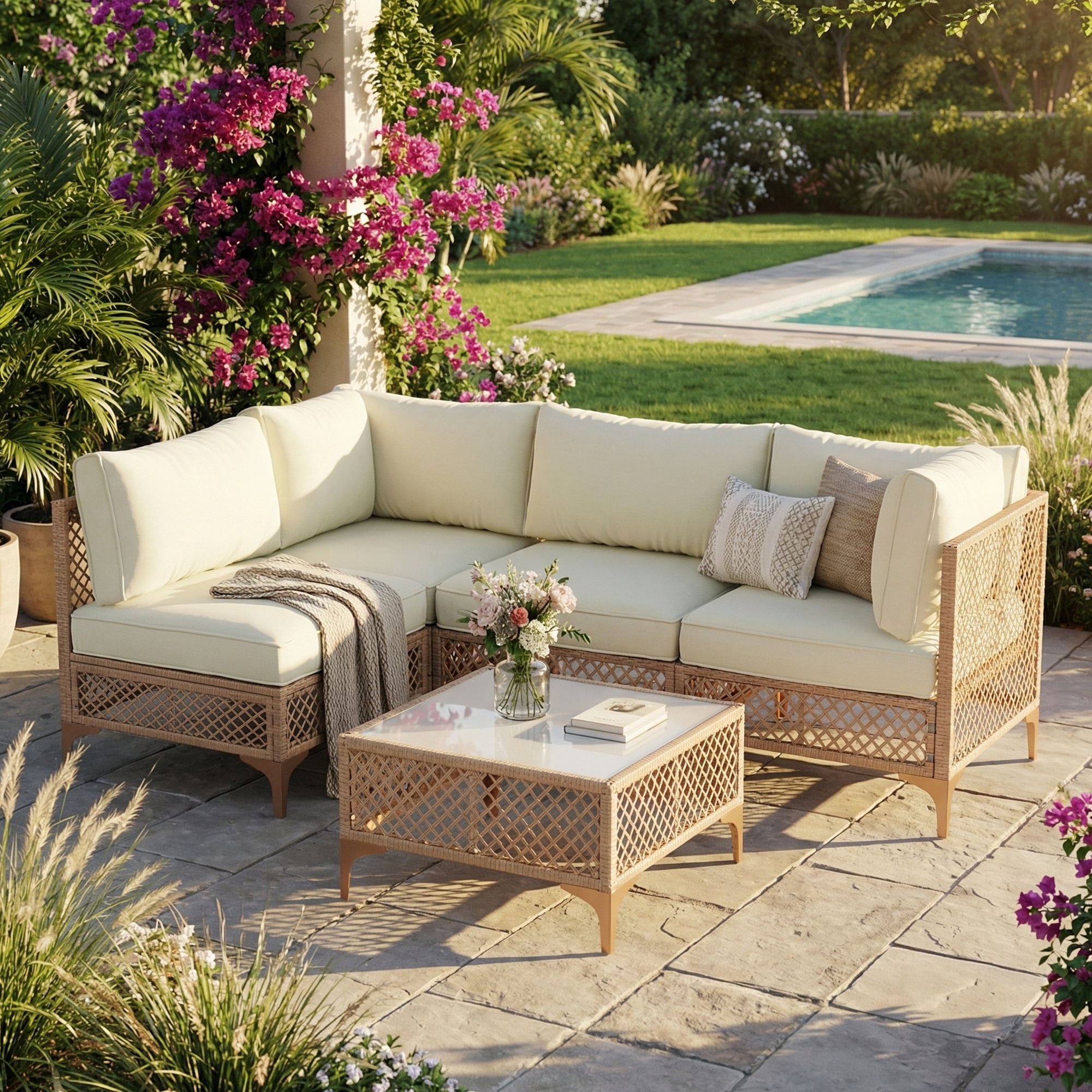 LAZZO 5-Piece Patio Furniture Set, Outdoor Wicker Conversation Set with Thick Cushions & Coffee Table for Backyard and Garden, Beige