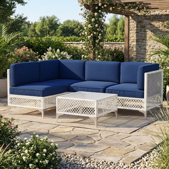 LAZZO 5-Piece Patio Furniture Set, Outdoor Wicker Conversation Set with Thick Cushions & Coffee Table for Backyard and Garden, Blue