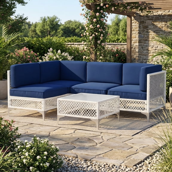 LAZZO 5-Piece Patio Furniture Set, Outdoor Wicker Conversation Set with Thick Cushions & Coffee Table for Backyard and Garden, Blue