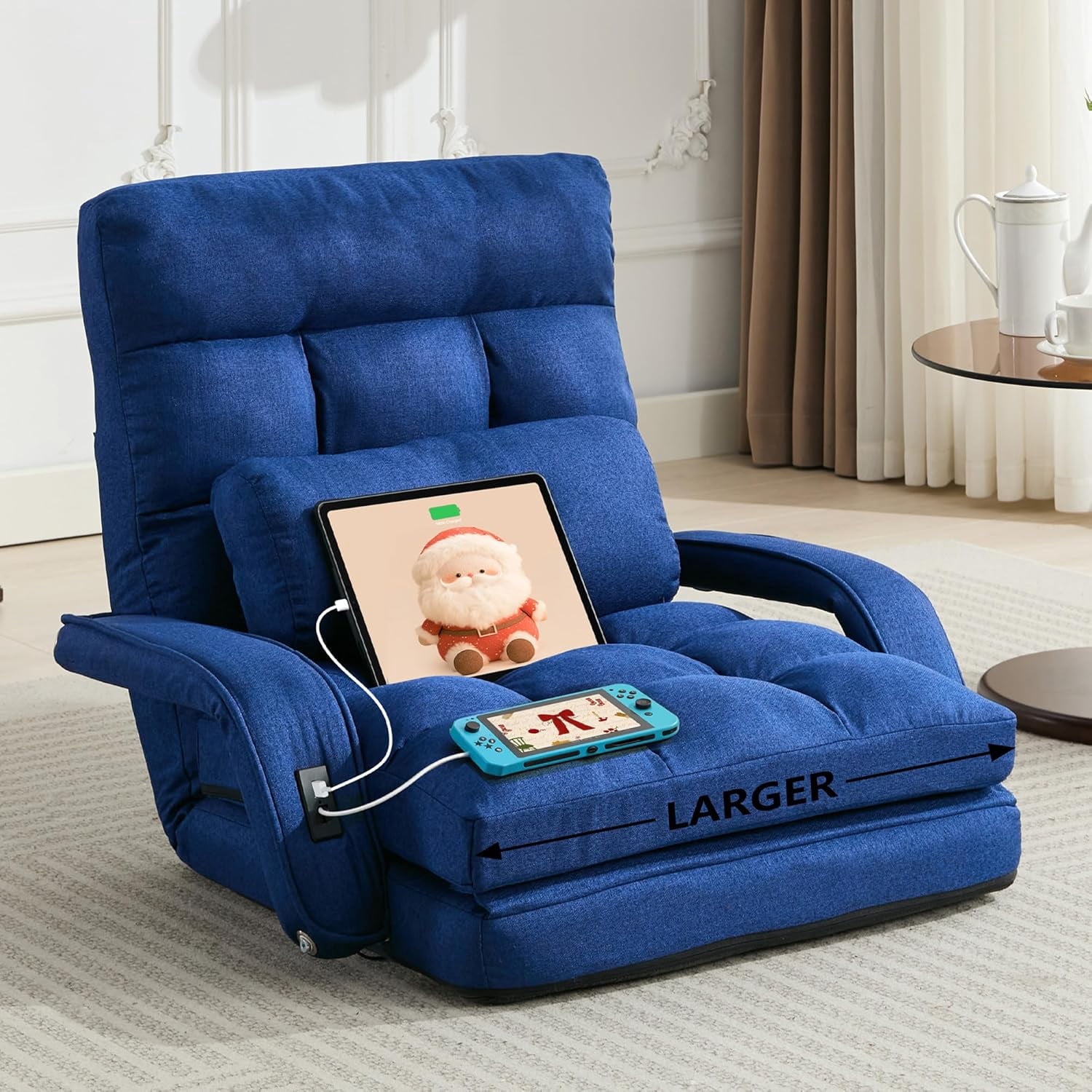 LAZZO 5-Position Folding Floor Chair with 2 USB Charging Ports, Comfy Lazy Sofa Armchair for Gaming & Meditation, Blue