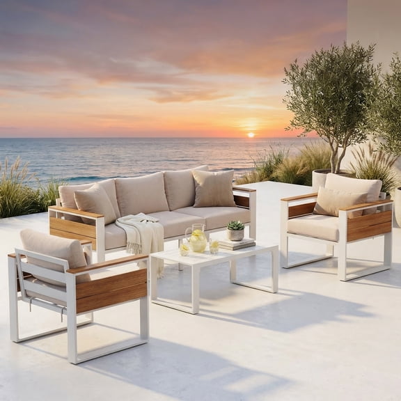 LAZZO 5-Seat Outdoor Patio Conversation Set, Aluminum Furniture Set with Olefin Fabric Cushions & Low-Maintenance Frame for Garden Patio