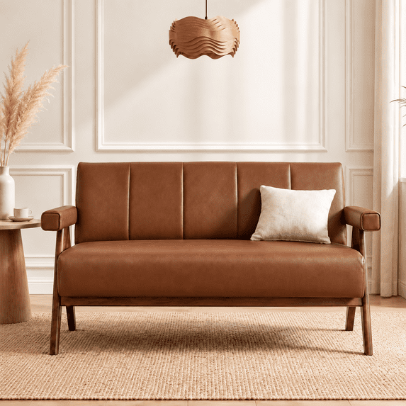 LAZZO 50" Loveseat Sofa, Leather Upholstered Couch with Wooden Armrests for Small Spaces, Brown