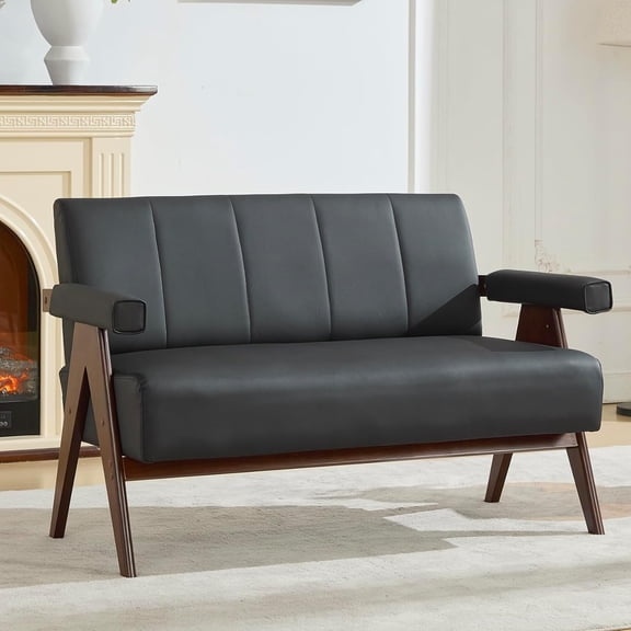 LAZZO 50" Mid-Century Modern Black Leather Sofa, Small Comfy Wooden Couch for Living Room, Bedroom, Office & Waiting Room