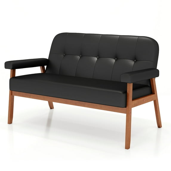 LAZZO 50”W Black Faux Leather Small Office Couch Loveseat Sofa with Wood Arms