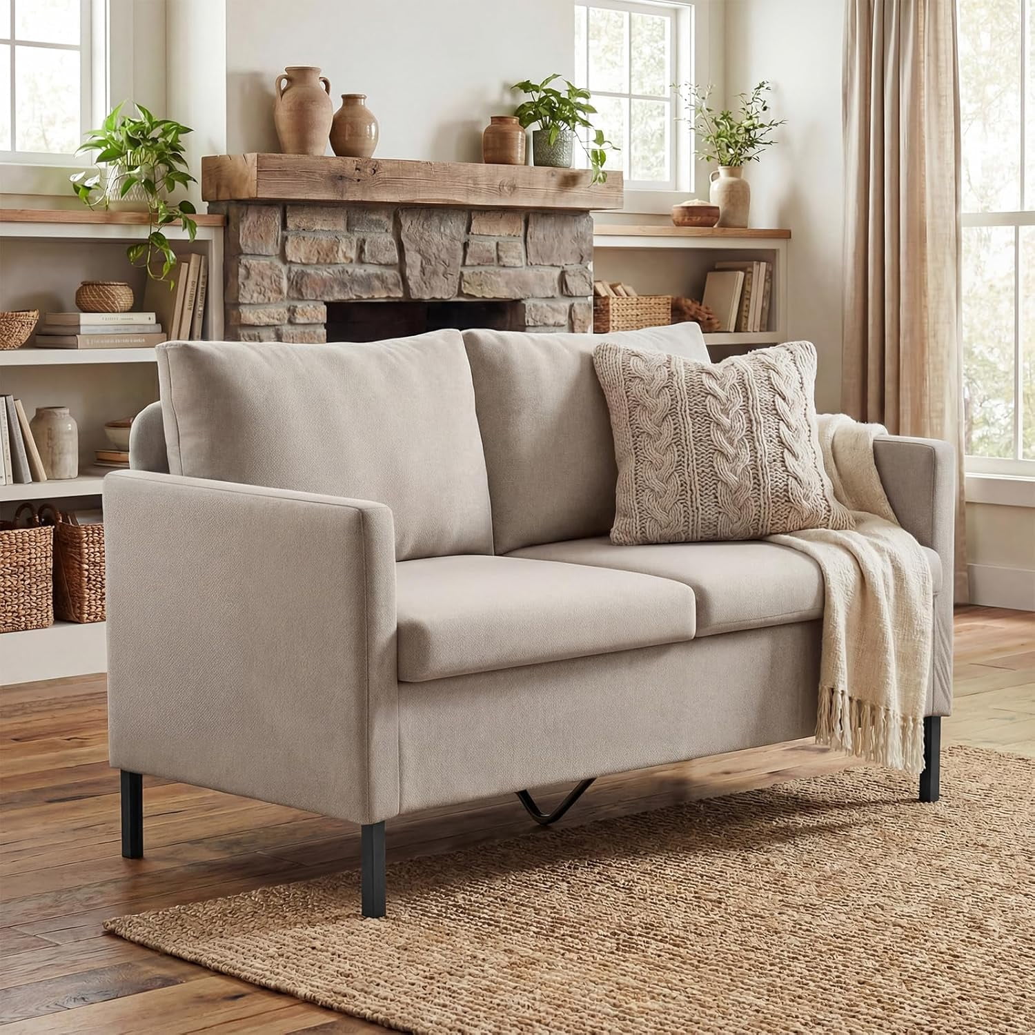LAZZO 51" Modern Loveseat Sofa, 2-Seater Linen Fabric Couch for Bedroom & Office, Beige