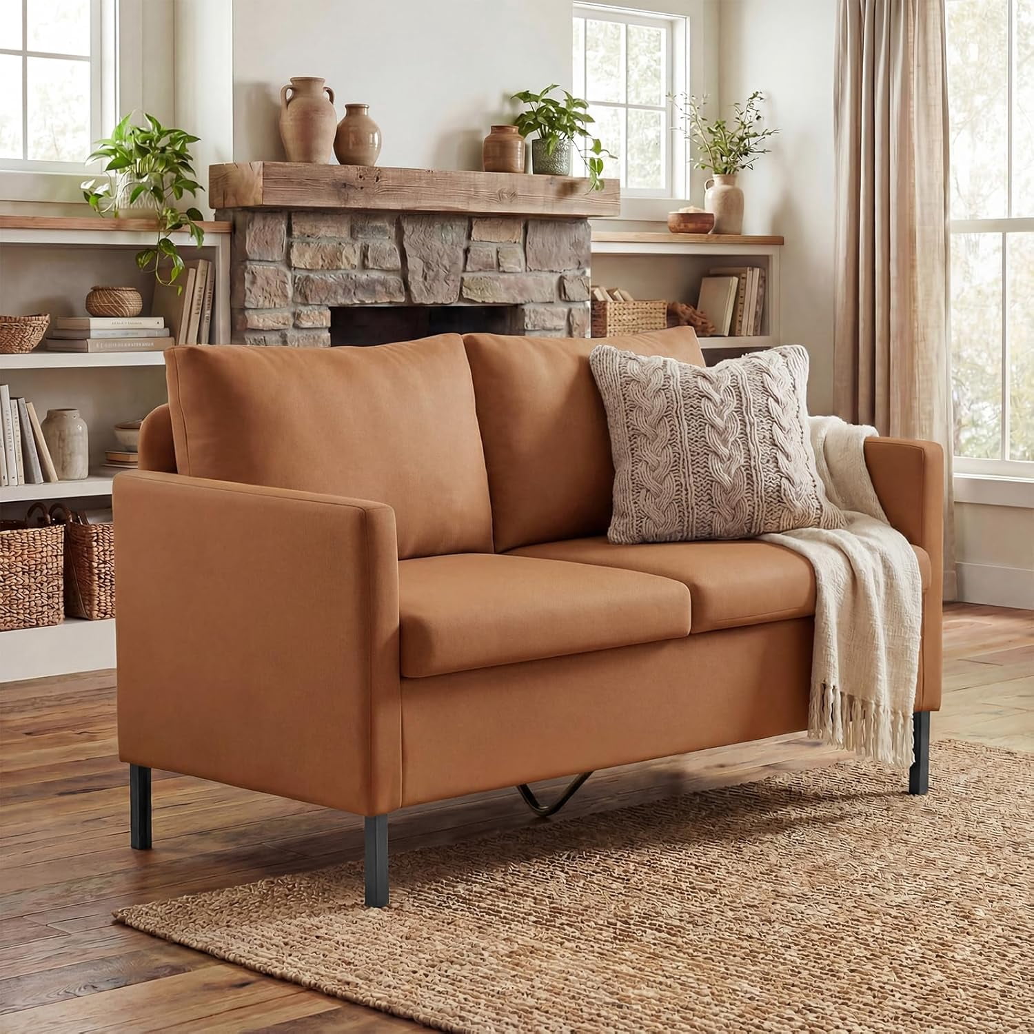 LAZZO 51" Modern Loveseat Sofa, 2-Seater Linen Fabric Couch for Bedroom & Office, Brown
