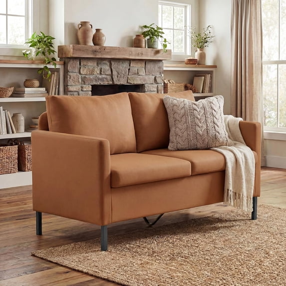 LAZZO 51" Modern Loveseat Sofa, 2-Seater Linen Fabric Couch for Bedroom & Office, Brown