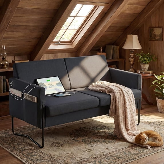 LAZZO 51" Loveseat Sofa, 2 Seater Small Space Couch with USB Charging Port & Side Pocket for Bedroom Office, Black