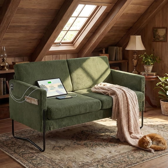 LAZZO 51" Loveseat Sofa, 2 Seater Small Space Couch with USB Charging Port & Side Pocket for Bedroom Office, Green