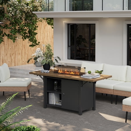 LAZZO 55" Outdoor Fire Pit Table, 50,000 BTU Patio Propane Fire Pit with Foldable Expansion Tabletop & Wind Guard, Black