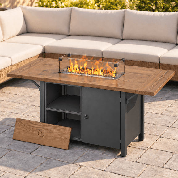 LAZZO 55" Propane Fire Pit Table, 50,000 BTU Outdoor Fire Pit with Foldable Expansion Tabletop and Wind Guard, Black