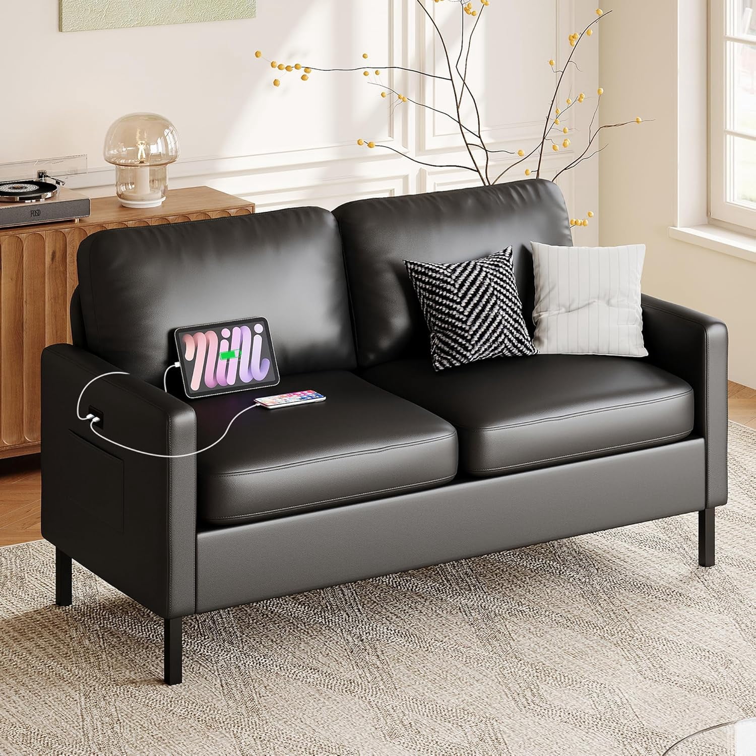 LAZZO 56" Black Faux Leather Loveseat with 2 USB & Side Pockets, Small Couch for Bedroom Apartment Dorm Small Spaces