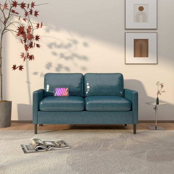 LAZZO 56" Faux Leather Loveseat with USB Charging Ports & Side Pockets, Compact Sofa for Small Spaces, Blue