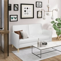 LAZZO 57" Mid-Century Loveseat Faux Leather Sofa Couch with Armrest， White
