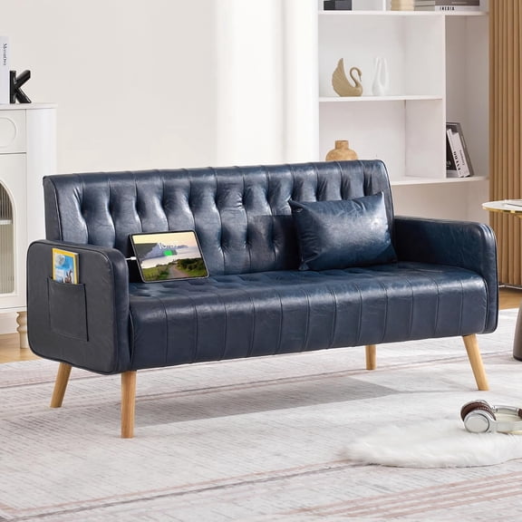 LAZZO 57" Loveseat Sofa, Faux Leather Tufted Couch with USB Ports and Side Pockets, Blue