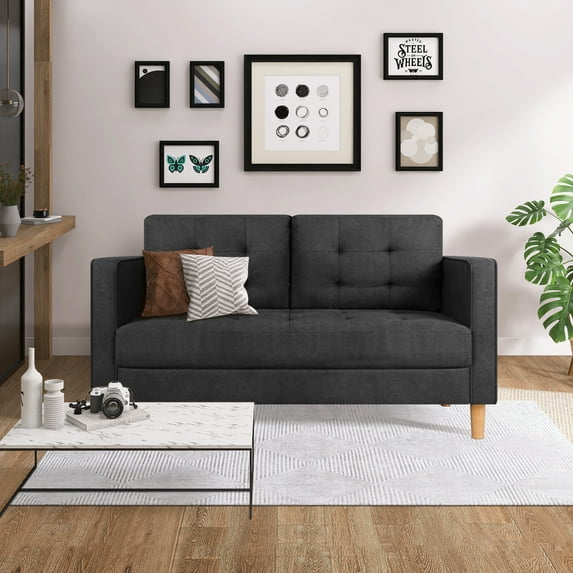 LAZZO 57" Modern Soft Cloth Tufted Cushion Loveseat Sofa Dark Grey