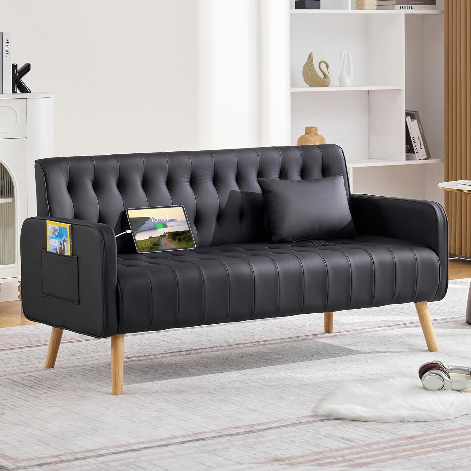LAZZO 57" Loveseat Sofa, Faux Leather Tufted Couch with USB Ports and Side Pockets, Black