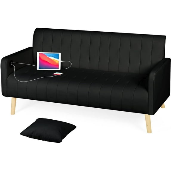 LAZZO 57'' Modern Striped PU Leather Loveseat Sofa w/ 2 USB Charging Ports, Black