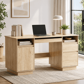 LAZZO 58" Wooden Computer Desk, Home Office Desk with Built-in Power Outlet, Keyboard Tray, Open Storage and File Drawer for Bedroom and Living Room