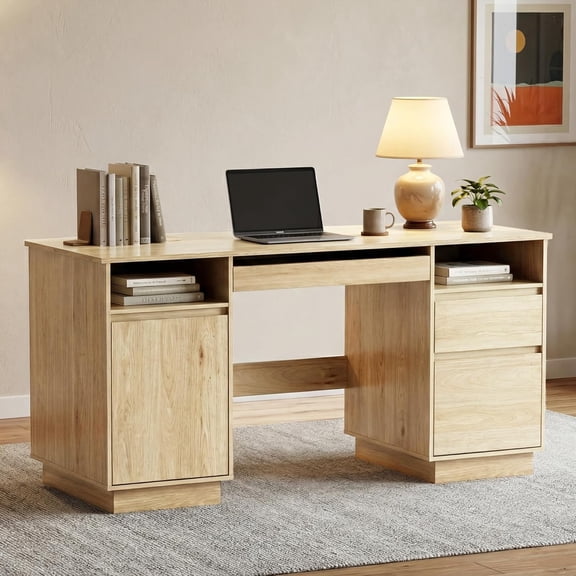 LAZZO 58" Computer Desk with Keyboard Tray, Office Executive Desk with File Drawer and Power Outlet for Home Office