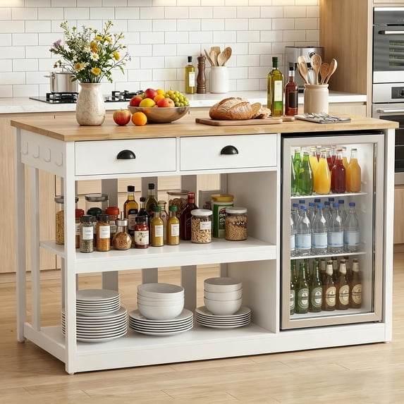 LAZZO 59" Farmhouse Kitchen Island with Storage, Fridge Space and Power Outlets for Small Spaces, White