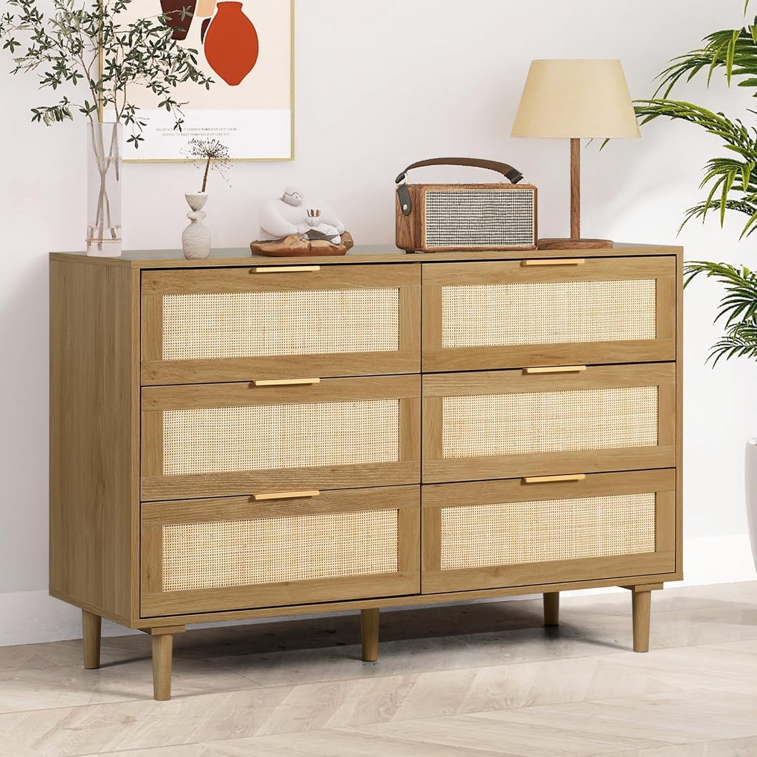 LAZZO 6-Drawer Rattan Dresser, Modern Chest of Drawers, Wooden Storage Organizer for Bedroom, Living Room & Hallway, Brown