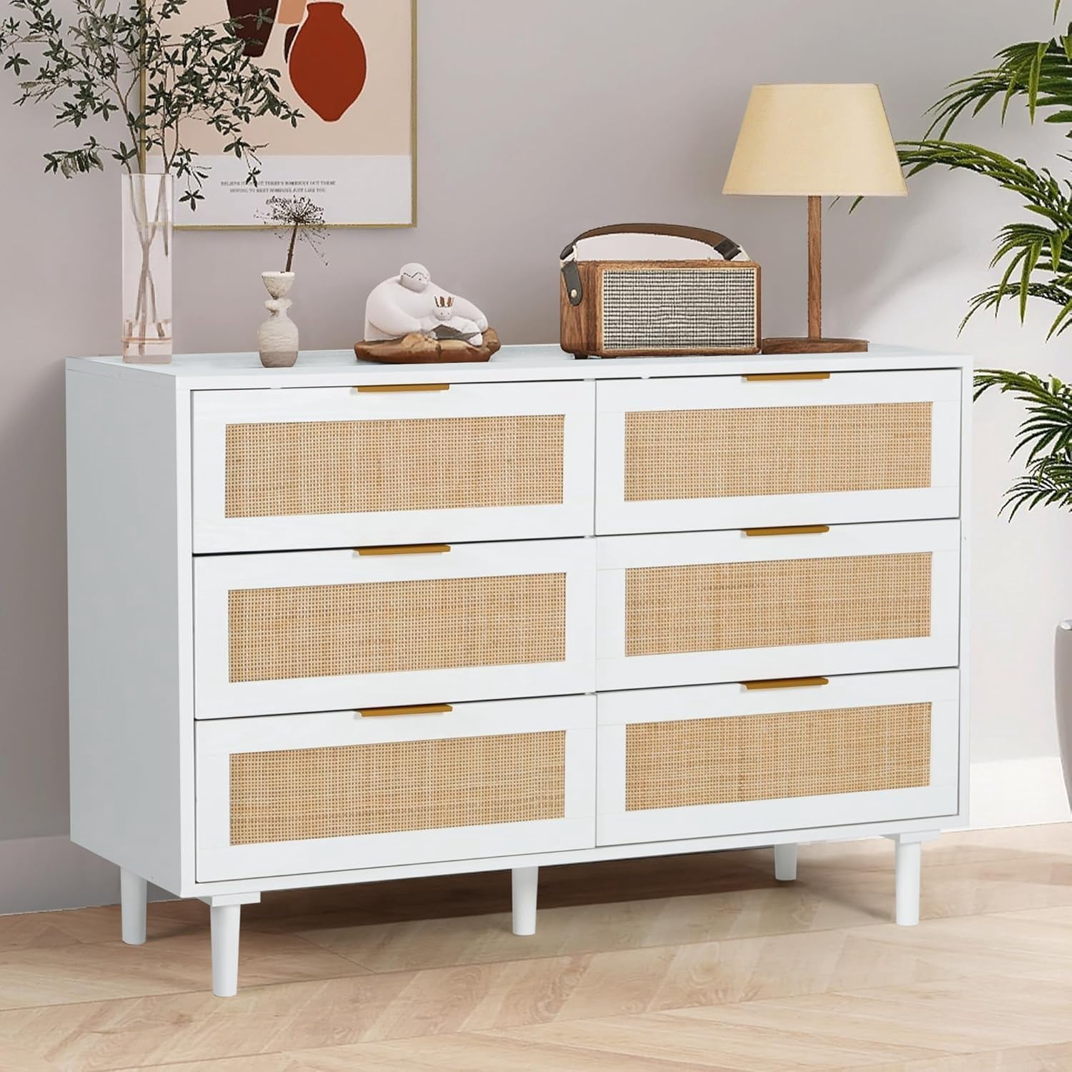 LAZZO 6-Drawer Rattan Dresser, Modern Chest of Drawers, Wooden Storage  Organizer for Bedroom, Living Room & Hallway, White