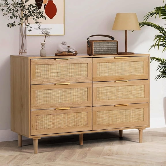 LAZZO 6-Drawer Rattan Dresser, Modern Chest of Drawers, Wooden Storage Organizer for Bedroom, Living Room & Hallway, Natural Wood Color