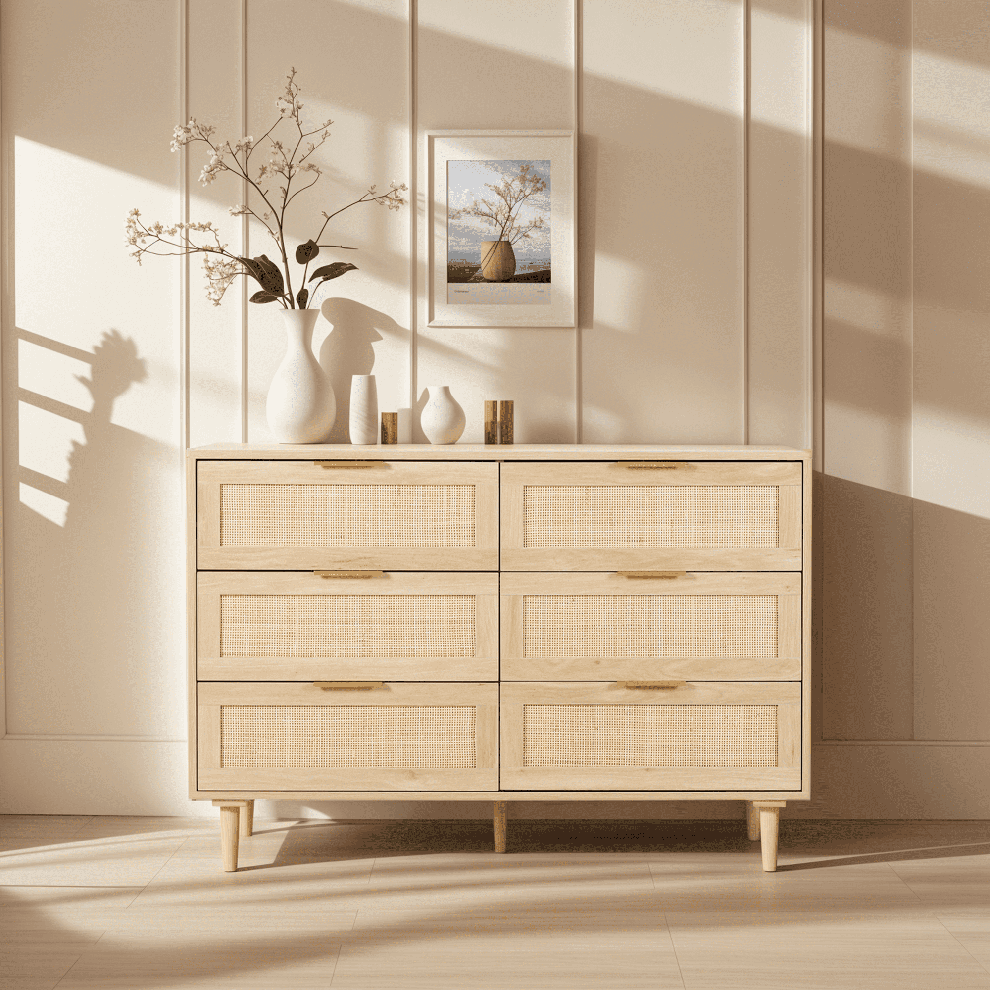 LAZZO 6 Drawer Dresser, Natural Rattan Wood, 43.3