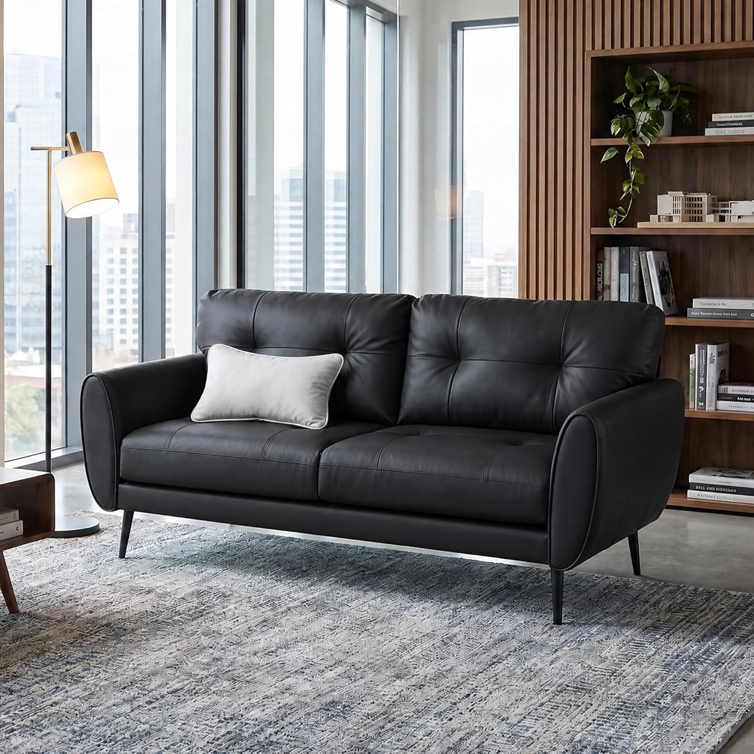 LAZZO 61" Faux Leather Loveseat, Mid Century Modern Tufted 2-Seat Sofa for Small Spaces, Black