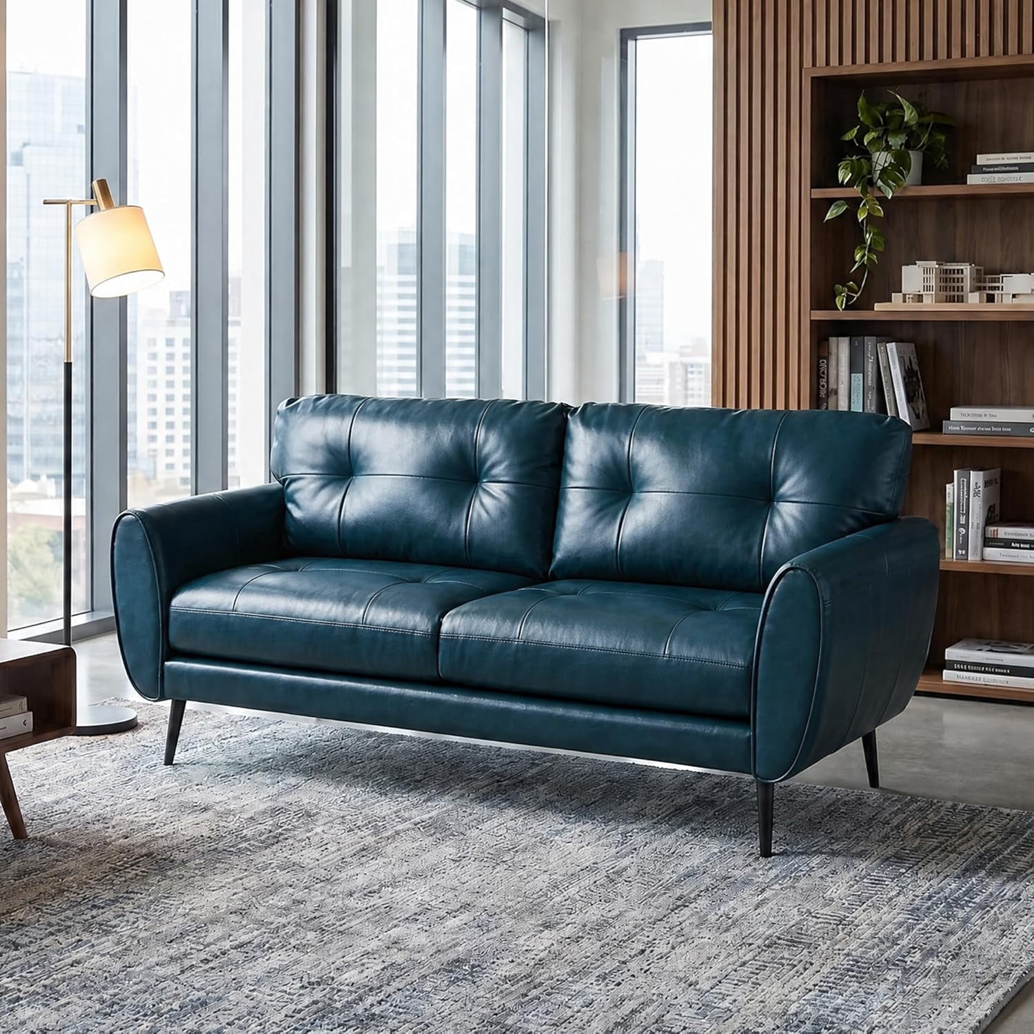 LAZZO 61" Faux Leather Loveseat, Mid Century Modern Tufted 2-Seat Sofa for Small Spaces, Blue