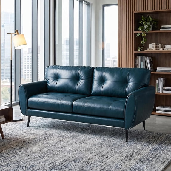 LAZZO 61" Faux Leather Loveseat, Mid Century Modern Tufted 2-Seat Sofa for Small Spaces, Blue