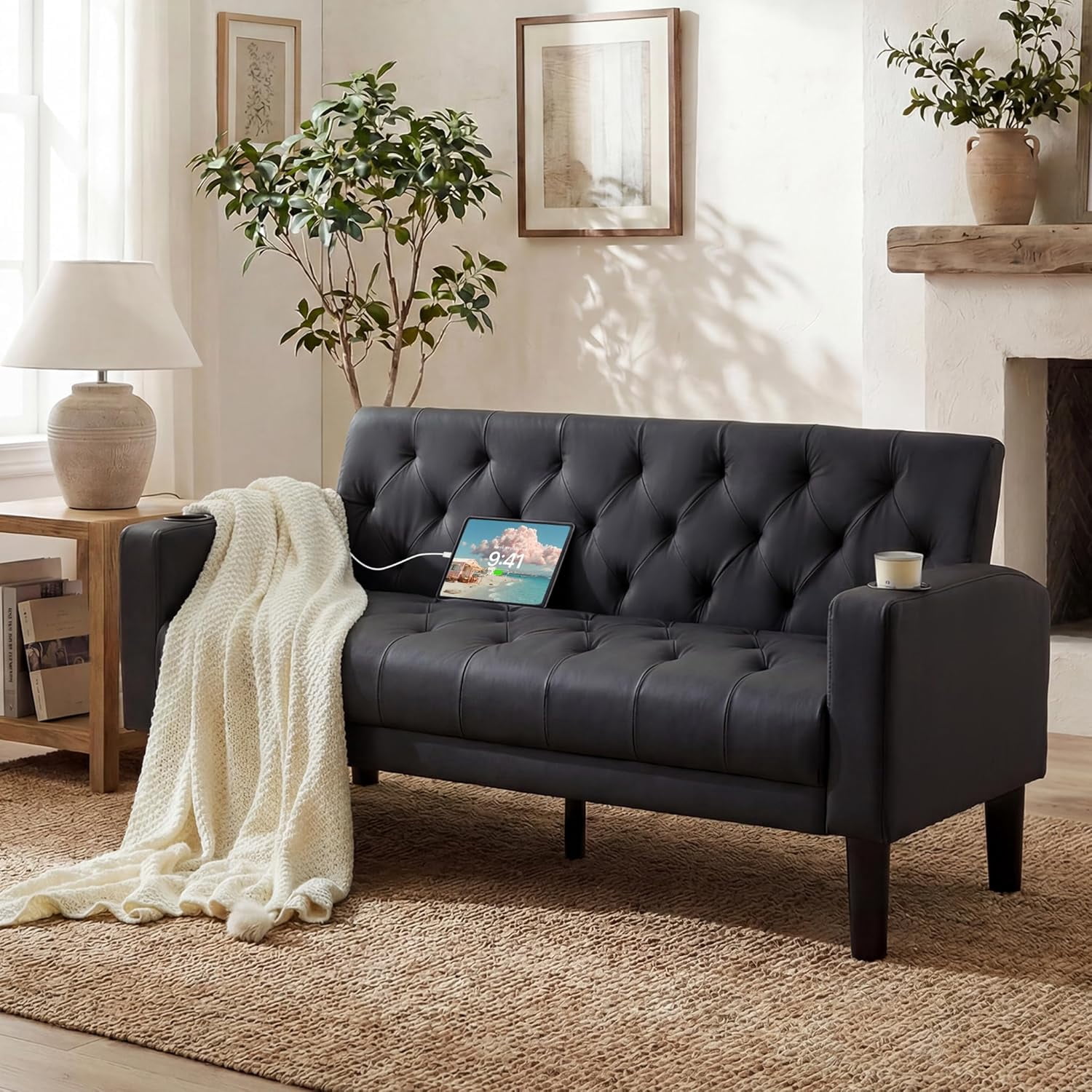 LAZZO 62" Loveseat Sofa, Tufted Couch with USB Ports and Cupholders for Living Room, Office and Bedroom, Black