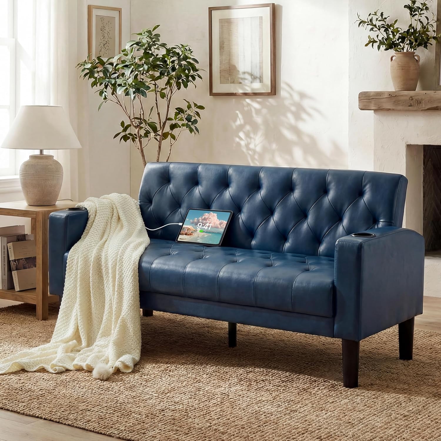 LAZZO 62" Loveseat Sofa, Tufted Couch with USB Ports and Cupholders for Living Room, Office and Bedroom, Blue
