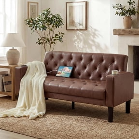 LAZZO 62" Loveseat Sofa, Tufted Couch with USB Ports and Cupholders for Living Room, Office and Bedroom, Brown