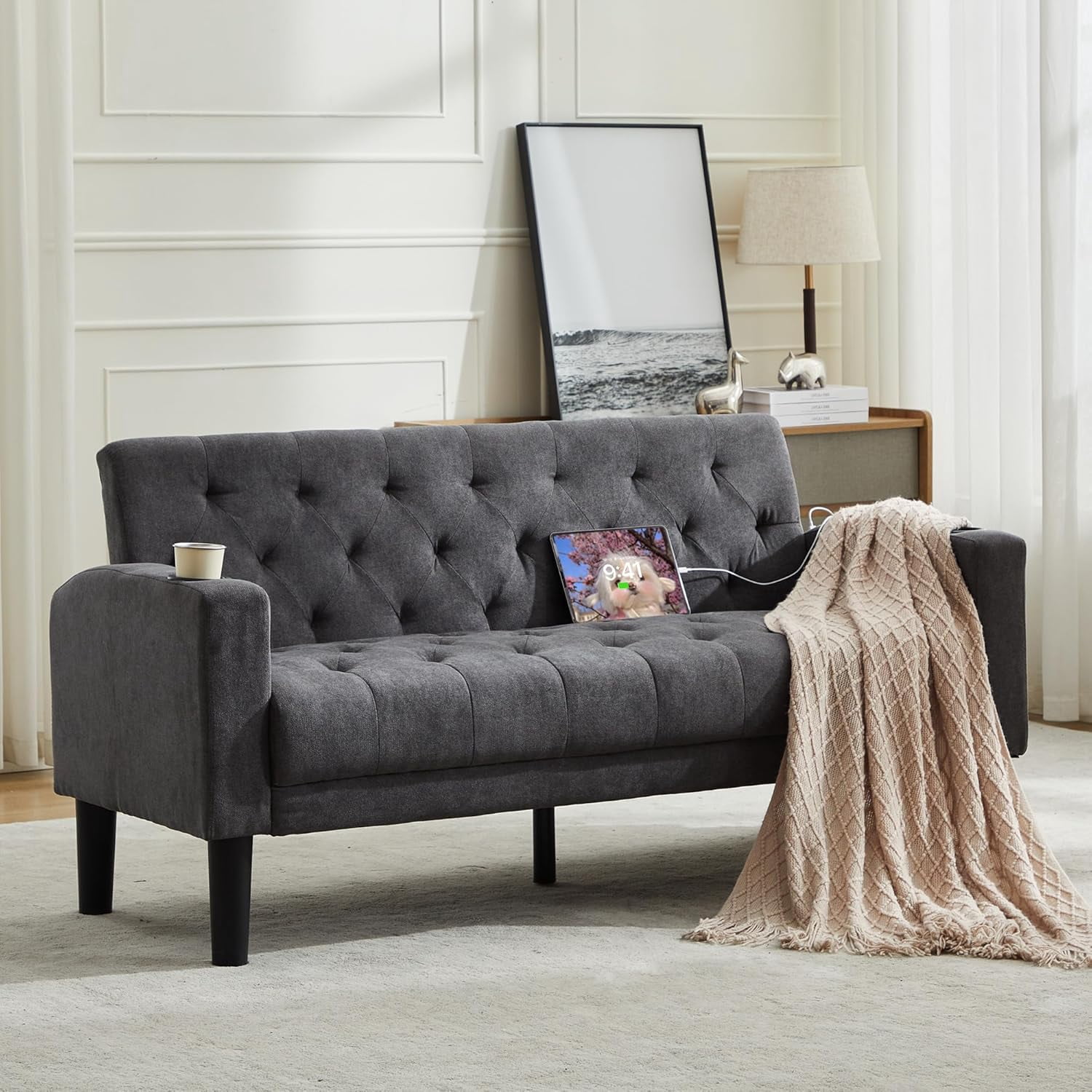 LAZZO 62" Loveseat Sofa, Tufted Couch with USB Ports and Cupholders for Living Room, Office and Bedroom, Dark Gray
