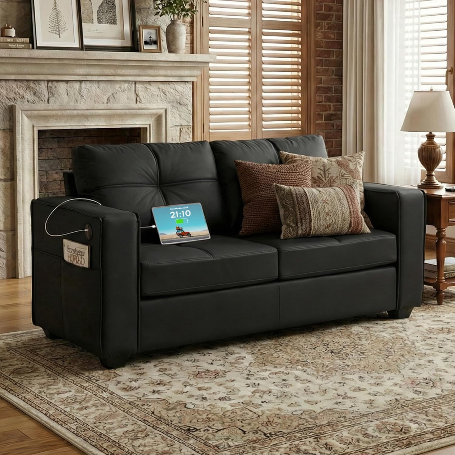 LAZZO 65" Loveseat Sofa with USB Charging Ports, 2-Seat Faux Leather Couch for Living Room & Office, Black