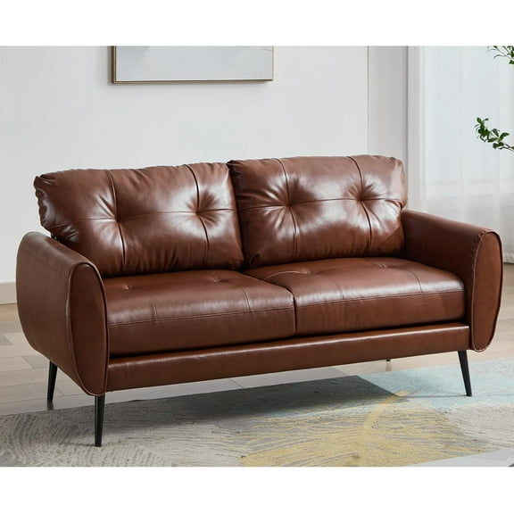 LAZZO 61" Mid Century Modern Tufted Loveseat, Leather 2-Seat Small Sofa for Living Room, Bedroom & Office, Brown