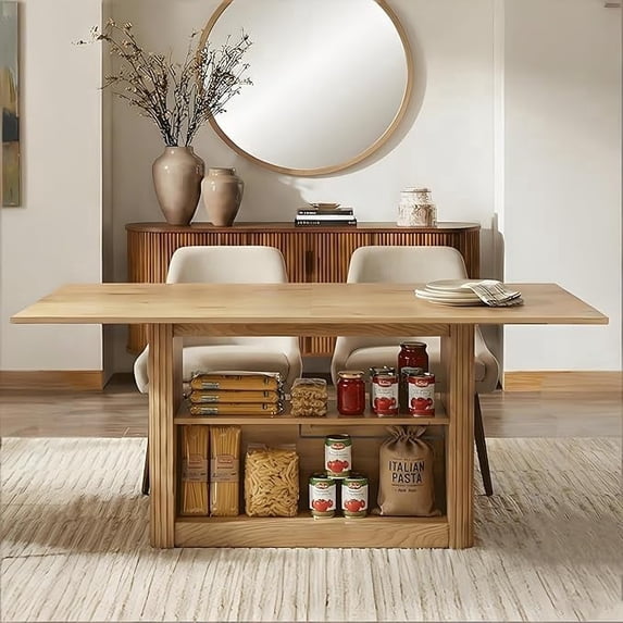 LAZZO 63.3" Rectangular Dining Table for 6 People, Modern Farmhouse Kitchen Table with 2-Tier Storage Shelf, Fluted Wood Table, Oak